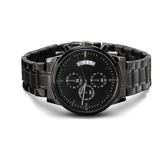 A personalized Engraved Black Chronograph Watch