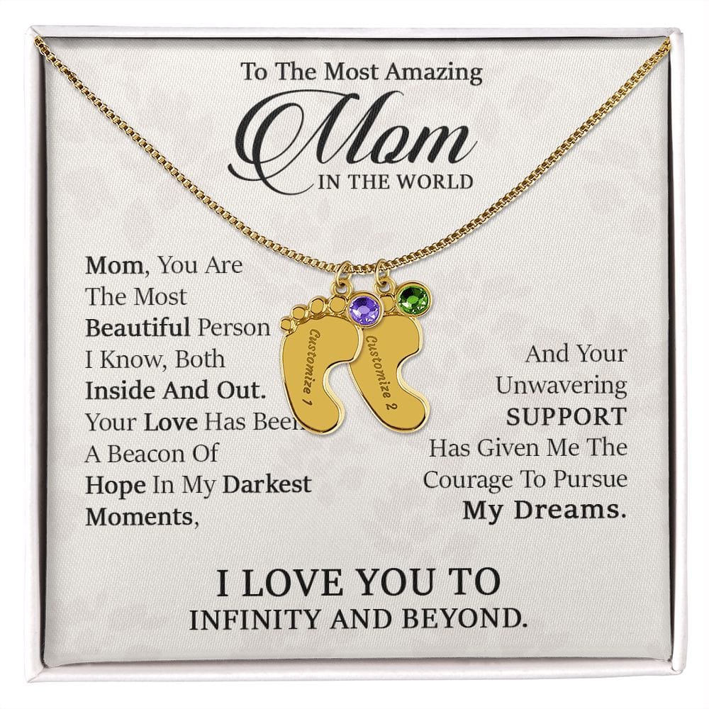 To My Most Amazing Mom. -  Custom Baby Feet Necklace with Birthstone