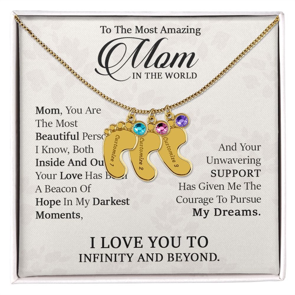 To My Most Amazing Mom. -  Custom Baby Feet Necklace with Birthstone