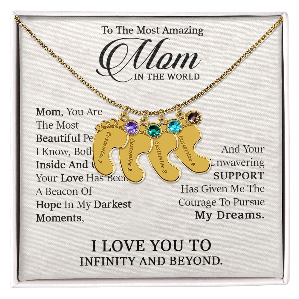 To My Most Amazing Mom. -  Custom Baby Feet Necklace with Birthstone