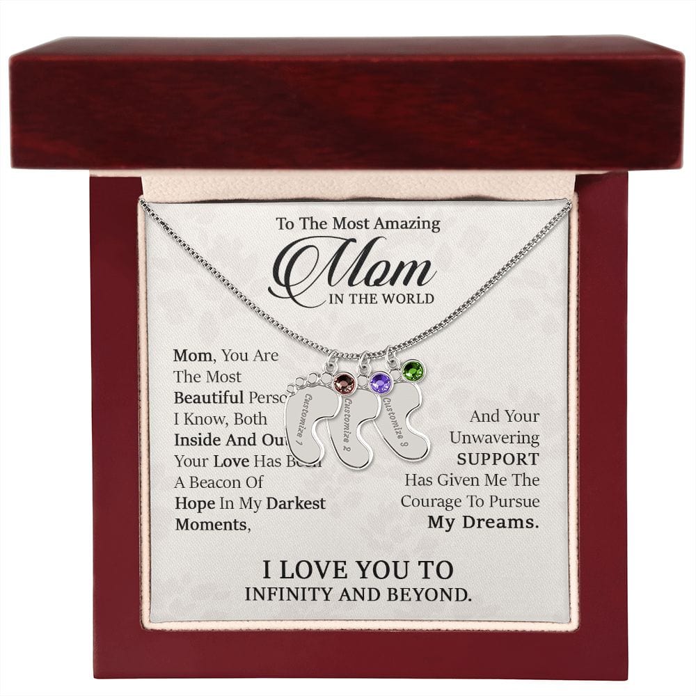 To My Most Amazing Mom. -  Custom Baby Feet Necklace with Birthstone