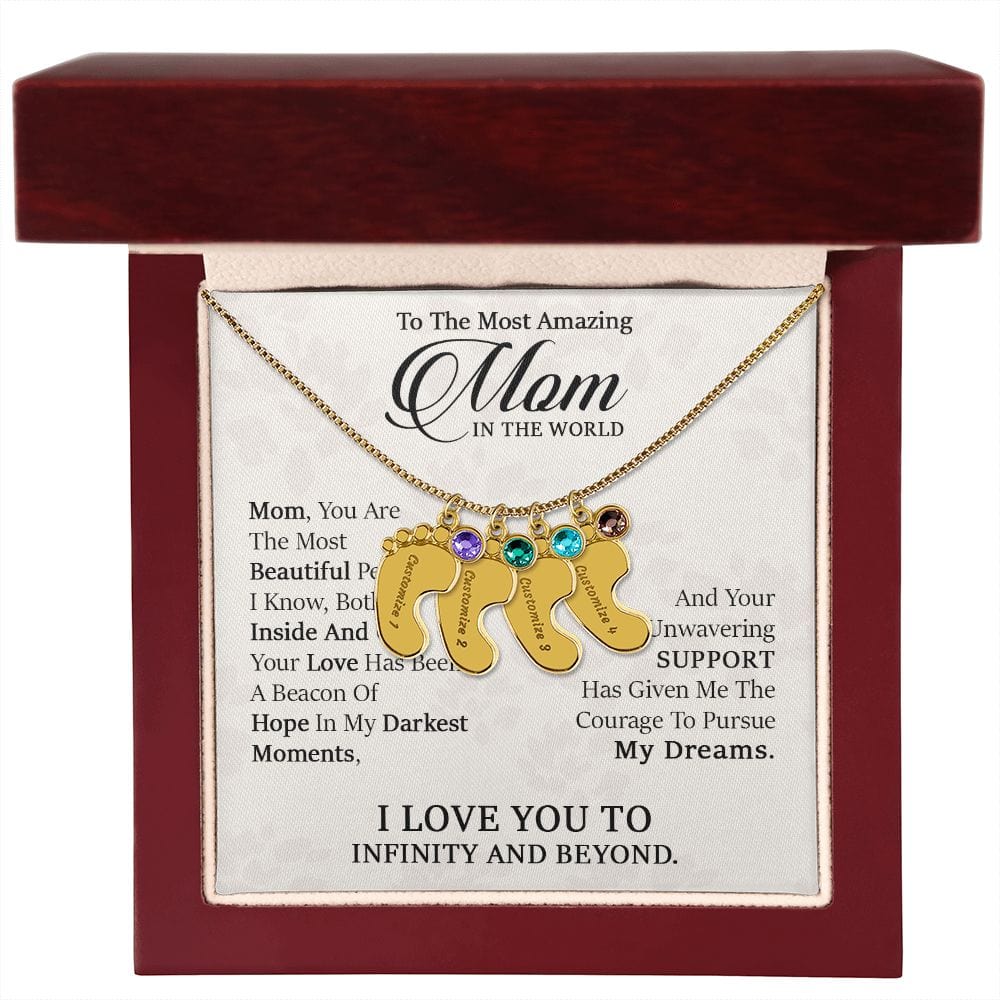 To My Most Amazing Mom. -  Custom Baby Feet Necklace with Birthstone